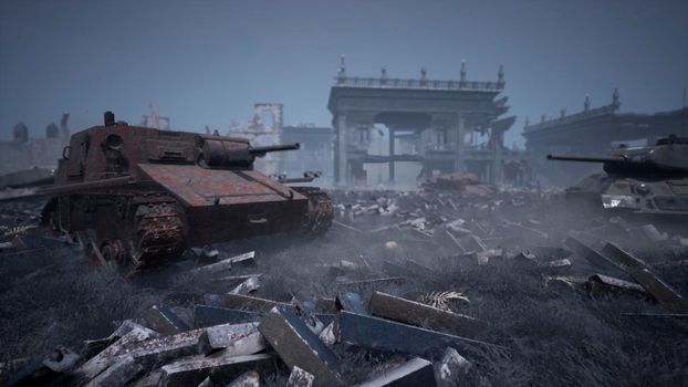 Military tanks from the second world war lie smashed on the battlefield next to human remains and the ruins of houses. The concept of war and the Apocalypse.