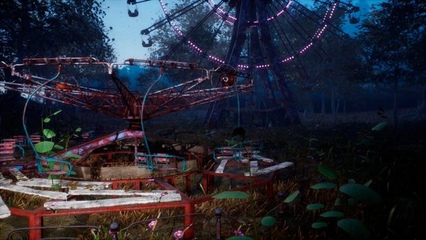 Abandoned Apocalyptic Ferris wheel and carousel in an amusement Park in a city deserted after the Apocalypse.