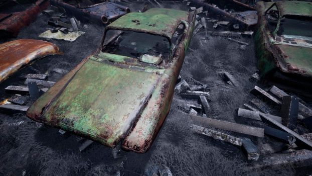 Car dump of old abandoned cars. Rusty damaged cars. A lot of destroyed, ruined, abandoned cars.