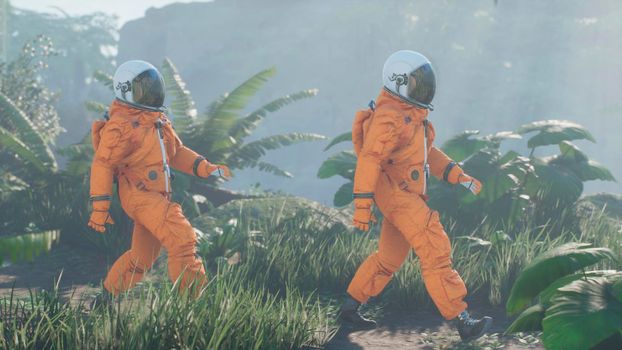 Research astronauts landed on an alien green planet.