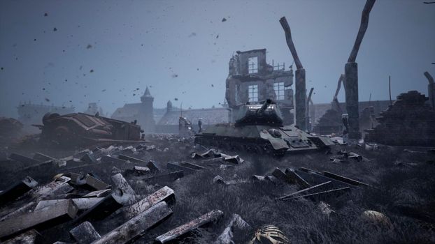 Military tanks from the second world war lie smashed on the battlefield next to human remains and the ruins of houses. The concept of war and the Apocalypse.