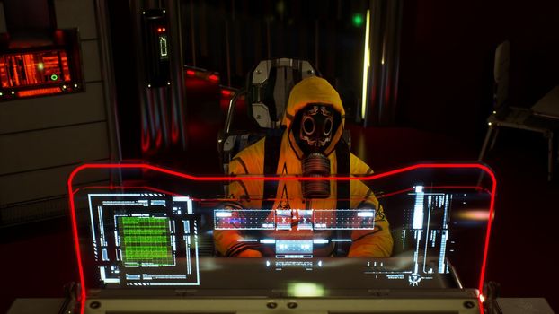 A medic in protective chemical clothing is working at a computer. A man in a yellow bacteriological protective suit and gas mask.