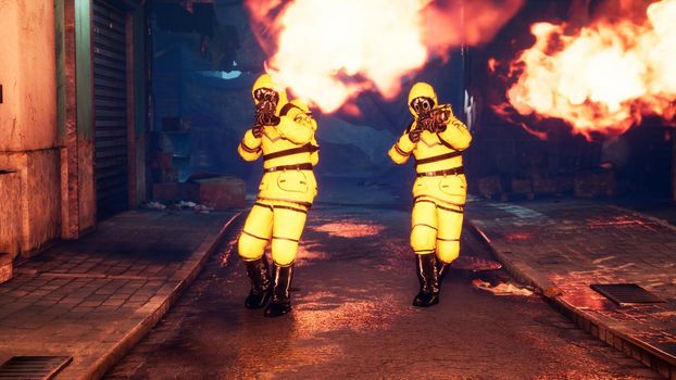 Men in yellow protective suits disinfect the city's infected territory with a flamethrower. People in bacteriological suits and gas masks.