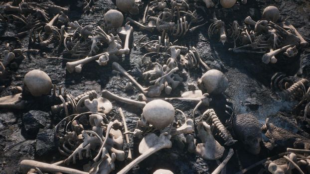 Terrible old skulls and bones on the field of the past battle. The concept of war and the Apocalypse.