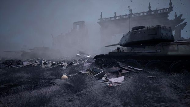 Military tanks from the second world war lie smashed on the battlefield next to human remains and the ruins of houses. The concept of war and the Apocalypse.