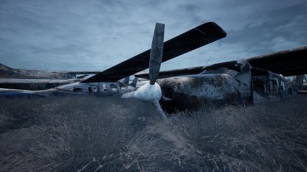 Rusty and broken planes stand in a field against a hazy blue sky. A lot of destroyed, destroyed, abandoned planes.