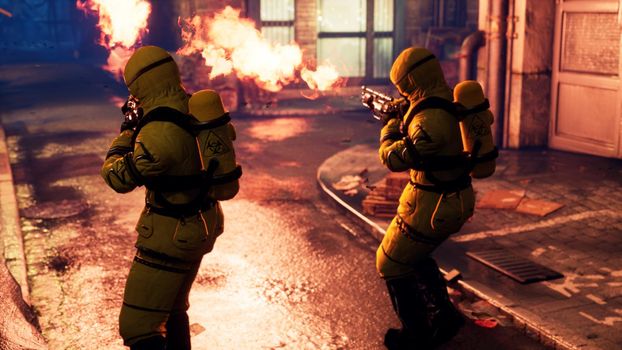 Men in yellow protective suits disinfect the city's infected territory with a flamethrower. People in bacteriological suits and gas masks.