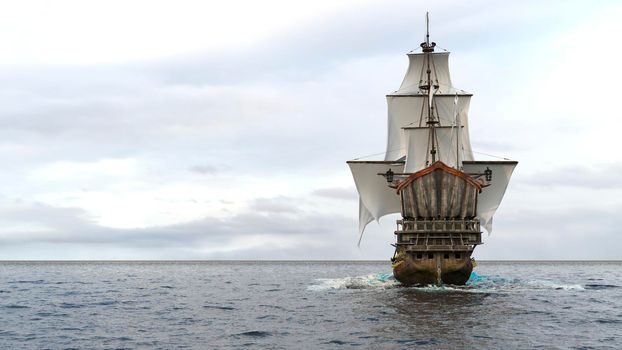 A medieval pirate ship sailing on a vast blue ocean. Concept of sea adventures in the middle ages.