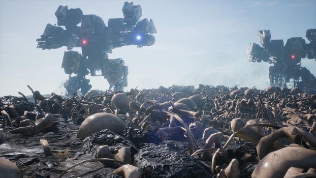 Military mech are walking on a battlefield covered with human bones and skulls. The concept of the future Apocalypse.