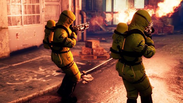 Men in yellow protective suits disinfect the city's infected territory with a flamethrower. People in bacteriological suits and gas masks.