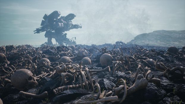 Military mech are walking on a battlefield covered with human bones and skulls. The concept of the future Apocalypse.