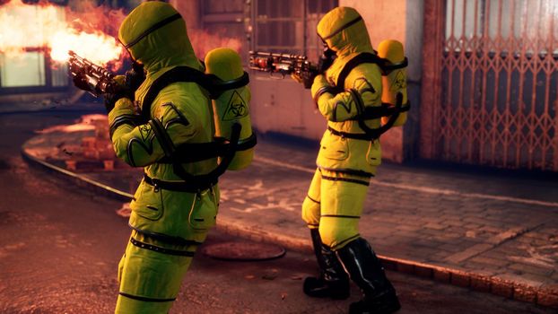 Men in yellow protective suits disinfect the city's infected territory with a flamethrower. People in bacteriological suits and gas masks.