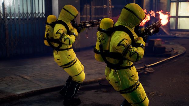 Men in yellow protective suits disinfect the city's infected territory with a flamethrower. People in bacteriological suits and gas masks.