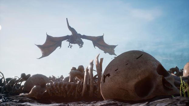 Large dragons fly over the battlefield with human bones lying on it.