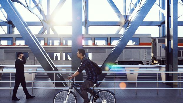 People cross the railway bridge on a sunny morning when a passenger train passes by.