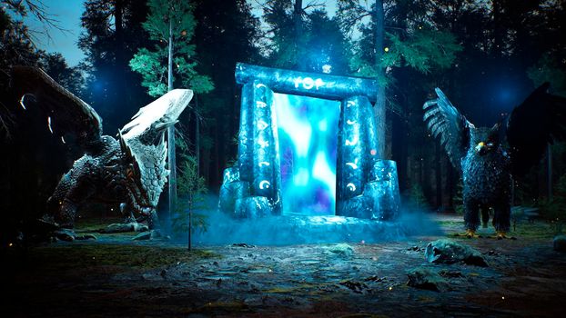 A fantastic luminous ancient portal to another world, guarded by fabulous animals, in a mystical misty dark forest. Illustration for fantasy, fiction or fabulous backgrounds.