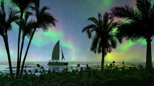 Northern lights in the night sky, Colorful Aurora, beautiful night with a yacht. Cloudless starry night. Colored sky over the ocean.