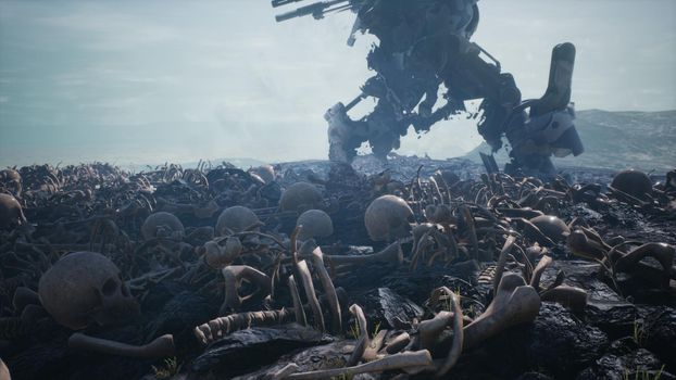 Military mech are walking on a battlefield covered with human bones and skulls. The concept of the future Apocalypse.