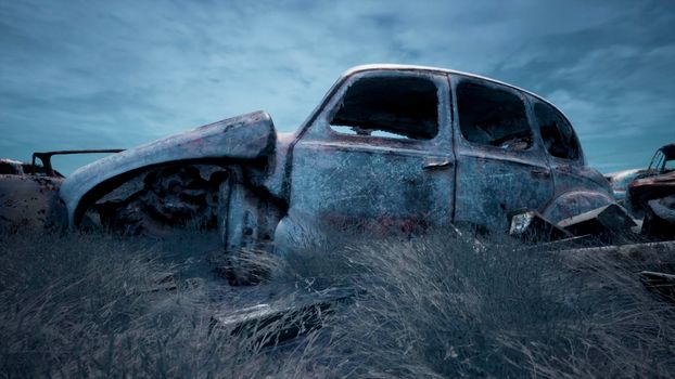 Car dump of old abandoned cars. Rusty damaged cars. A lot of destroyed, ruined, abandoned cars.