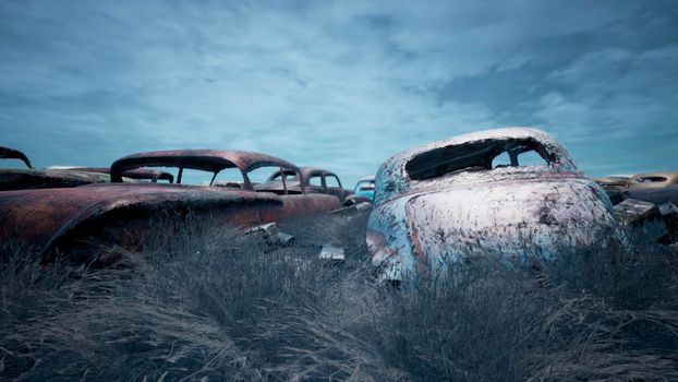 Car dump of old abandoned cars. Rusty damaged cars. A lot of destroyed, ruined, abandoned cars.