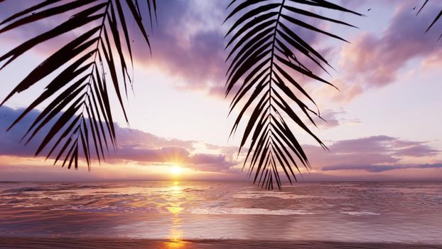 Red sunset over the endless ocean. Red sky, yellow sun, palm trees, beautiful sea and seascape. Summer amazing sunset on the sea coast.