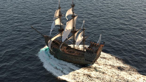 A medieval ship sailing in a vast blue ocean. The concept of sea adventures in the Middle ages.