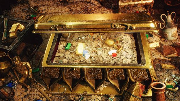 Pirate treasures in a dark cave. Old coins, diamonds, and gold treasures. A lot of jewelry made of gold statuettes, precious stones, bracelets and chests.