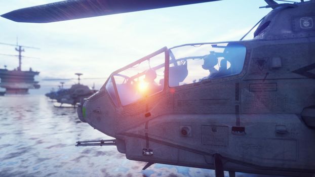 Military helicopters take off from an aircraft carrier in the early morning.