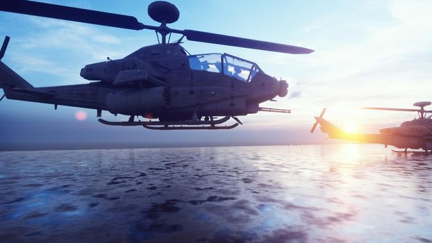 Military helicopters take off from an aircraft carrier in the early morning.