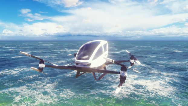 An unmanned passenger air taxi flies over the sea. The concept of the future driverless taxi.