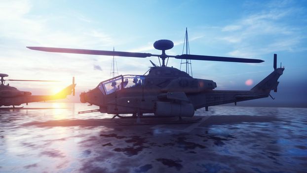 Military helicopters take off from an aircraft carrier in the early morning.