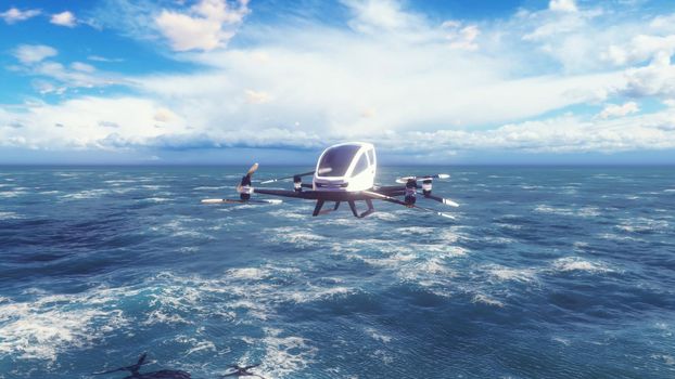 An unmanned passenger air taxi flies over the sea. The concept of the future driverless taxi.