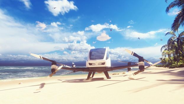 An unmanned passenger air taxi lands on a tropical beach. The concept of the future driverless taxi.