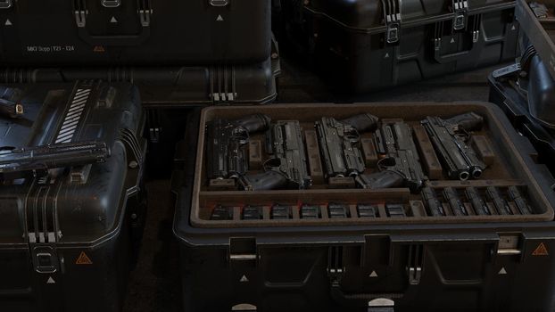 Boxes with modern weapons and ammunition in a military warehouse.