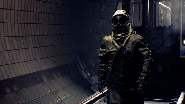 A stray man in military protective clothing and a gas mask is walking along an abandoned subway. The concept of a post-apocalyptic world after a nuclear war.