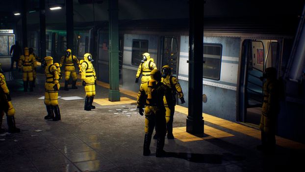 People in chemical protective clothing are waiting for the train to go to fight the epidemic. The concept of a post-apocalyptic world after a global pandemic.