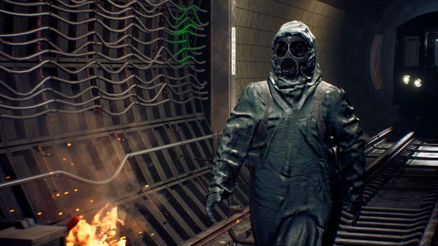 A stray man in military protective clothing and a gas mask is walking along an abandoned subway. The concept of a post-apocalyptic world after a nuclear war.