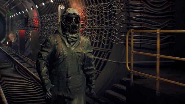 A stray man in military protective clothing and a gas mask is walking along an abandoned subway. The concept of a post-apocalyptic world after a nuclear war.