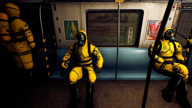 People in protective suits ride a commuter train during a pandemic. The concept of a post-apocalyptic world during a global epidemic.