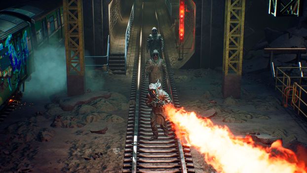 Stalkers in chemical protective clothing walk along an abandoned subway with a flamethrower during a virus epidemic. The concept of a post-apocalyptic world after a nuclear war.