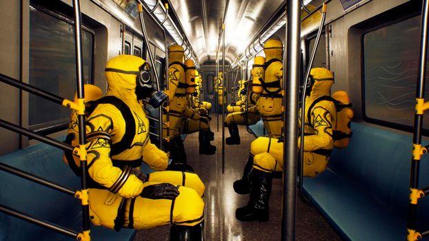 People in protective chemical clothing ride on a train during the pandemic. The concept of a post-apocalyptic world during a global epidemic.