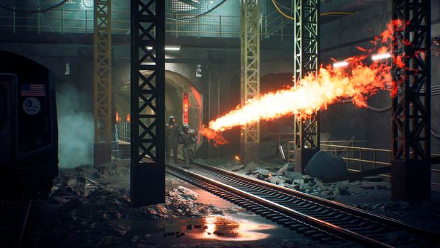 Survivors in chemical protective clothing walk along a deserted subway with a flamethrower during a virus pandemic. The concept of a post-apocalyptic world after a nuclear war.