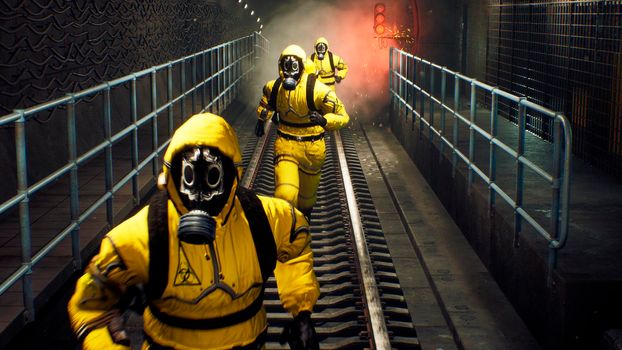 People in chemical protective clothing run out of the tunnel to go to fight the epidemic. The concept of a post-apocalyptic world after a global pandemic.