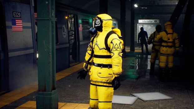 People in chemical protective clothing are waiting for the train to go to fight the epidemic. The concept of a post-apocalyptic world after a global pandemic.