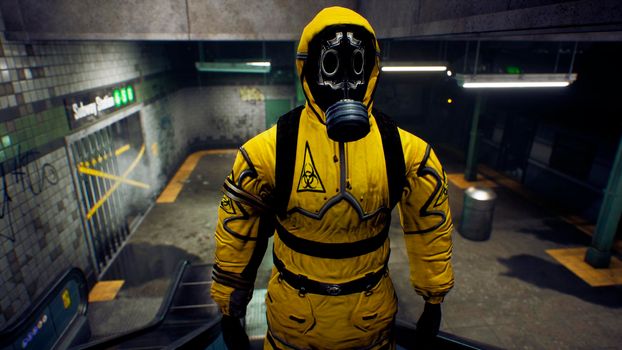 A survivor in chemical protective clothing rises to the surface from a deserted subway. The concept of a post-apocalyptic world after a global pandemic.