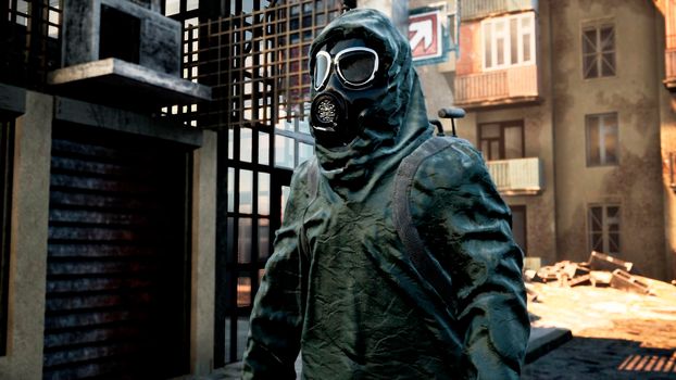 A stray man in military protective clothing and a gas mask is walking through the ruined city. The concept of a post-Apocalyptic world after a nuclear war.