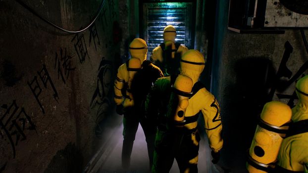 Medics in a suit of bacteriological protection came to the infected patient. Men in yellow protective suits and gas masks.