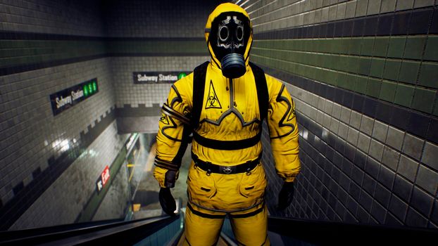 A survivor in chemical protective clothing rises to the surface from a deserted subway. The concept of a post-apocalyptic world after a global pandemic.