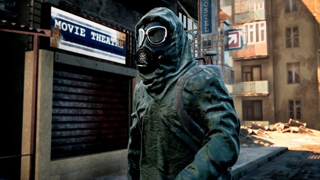 A stray man in military protective clothing and a gas mask is walking through the ruined city. The concept of a post-Apocalyptic world after a nuclear war.