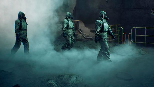 Stalkers in military protective clothing and a gas mask walk through the smoke along a deserted tunnel. The concept of a post-apocalyptic world after a nuclear war.